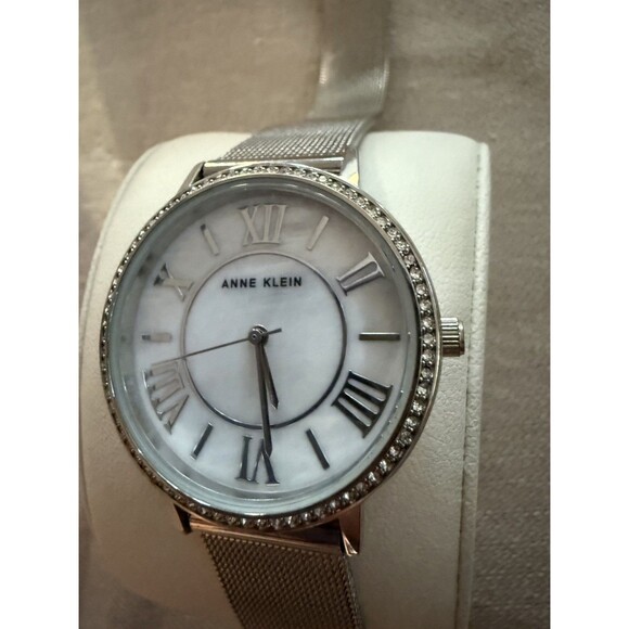 Anne Klein Womens Watch Silver Tone Mesh Bracelet MOP Dial Swarovski Crystals main image 4